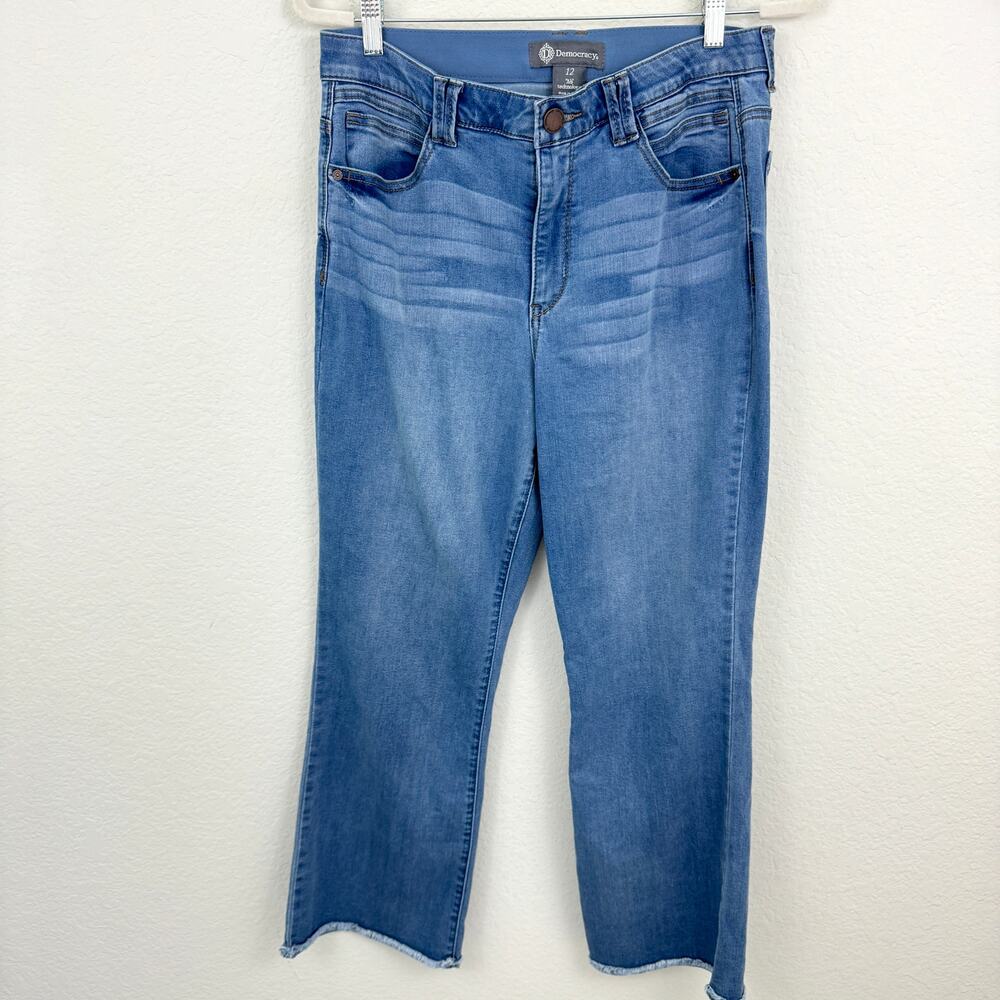 Democracy Women High Rise Wide Leg Ab Tech Jeans Size 12 Raw Hem Crop Light Blue